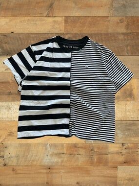 Peau De Loup Half Split Stripe T Shirt Size 10–12 Black White Modern Minimal Tee